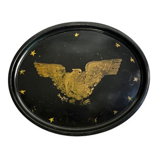 Antique American Black & Gold Tole Tray With Federal Eagle Motif, Early 20th Century For Sale