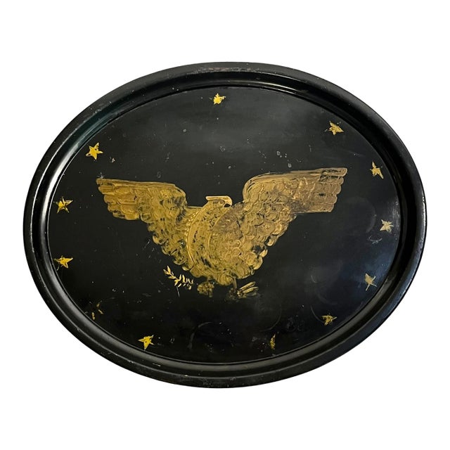 Antique American Black & Gold Tole Tray With Federal Eagle Motif, Early 20th Century For Sale