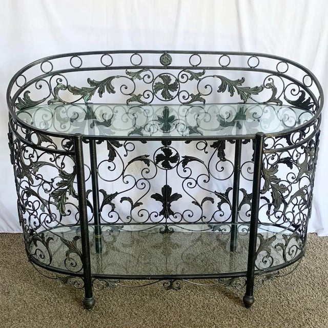 Maitland - Smith Vintage Wrought Iron Oval Two Tier Glass Top Console Table by Maitland Smith For Sale - Image 4 of 11