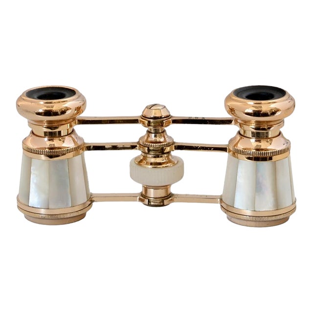 Midcentury Pearl and Brass Opera Glasses with Case For Sale