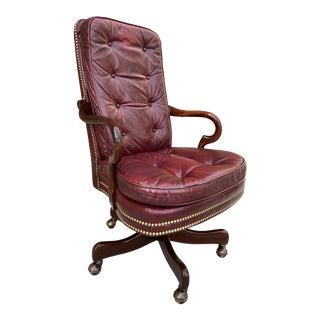 Traditional Mahogany Gooseneck Arm Tufted Leather Executive High-Back by Cabot Wreen For Sale