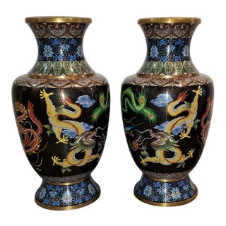 Large Chinese Bronze Cloisonne Dragon & Phoenix Vases - a Pair For Sale