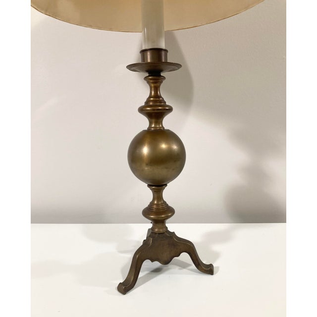 Antique Solid Brass Cannonball Table Lamp and Pleated Shade For Sale - Image 4 of 10