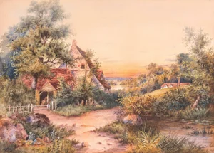 'Sunset Landscape' by W.C.Eisen, Large 19th Century Watercolor