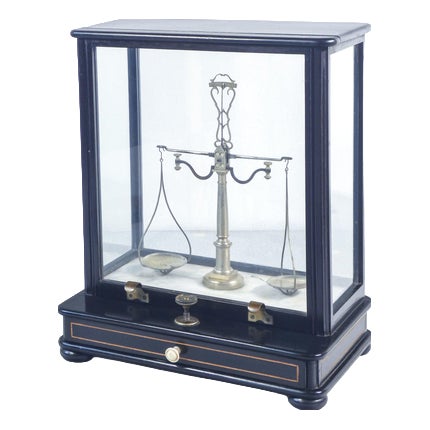 Pharmacy Scale with Wooden and Glass Case and Weights For Sale