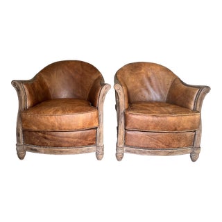 Late 20th Century Pair of Barrel-Backed Leather Club Chairs For Sale
