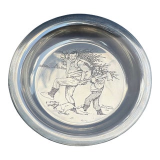 Pristine 1970 Franklin Mint Norman Rockwell 1st Annual Christmas Plate - "Bringing Home the Tree" - Solid Sterling Silver - Factory Sealed in Plastic For Sale