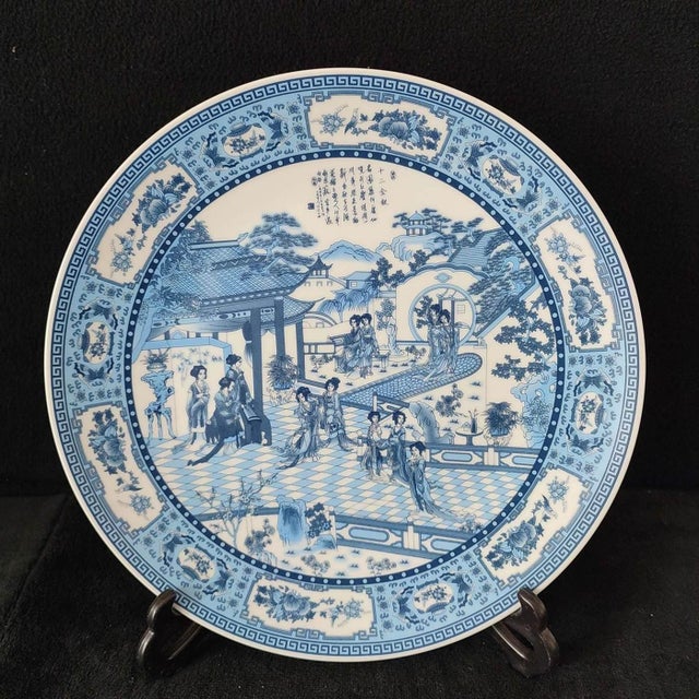 Chinese Ceramic Plate,Blue and White Porcelain Plate Hand Painted Figures Story Pattern For Sale - Image 4 of 11