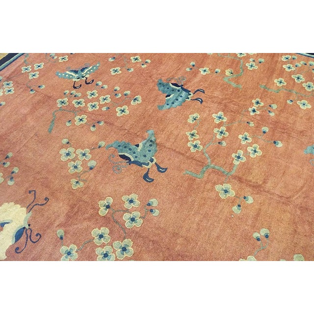 1890s Pink-Cerise Roses Antique Chinese Peking Rug 9'3" X 11'9" Handknotted Wool Carpet For Sale - Image 4 of 7