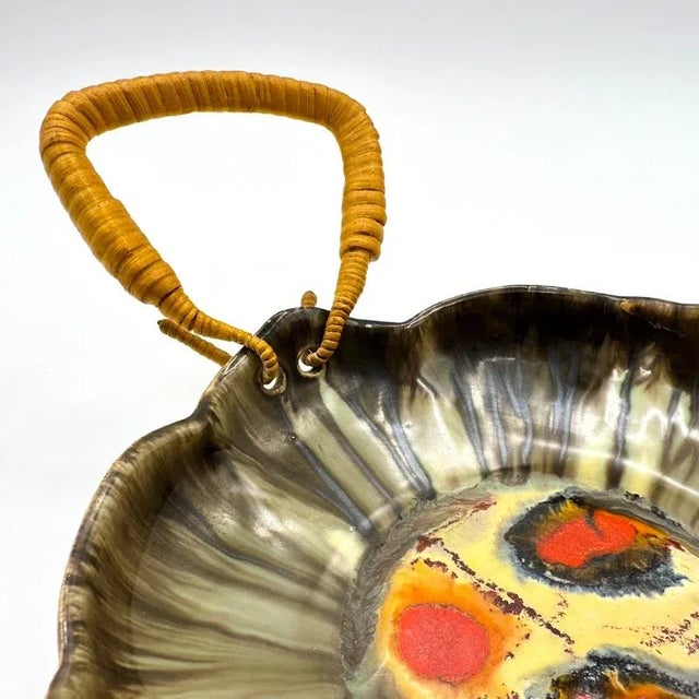 Carstens Tönnieshof Mid 20th Century Carstens Attributed Bowl West Germany Art Pottery Lava Glaze With Wicker Handles For Sale - Image 4 of 12
