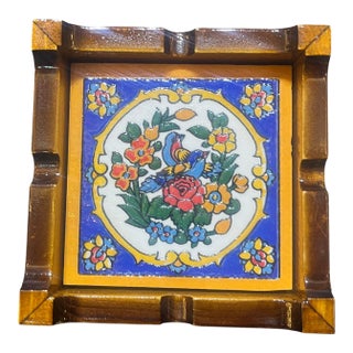 1990s Hand Painted Ceramic Ashtray in Wood Frame For Sale