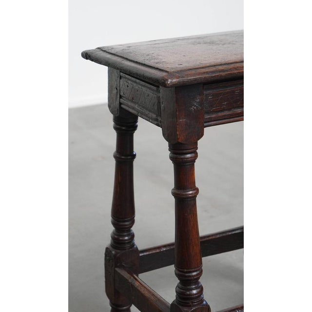 Timeless and Antique English Oak Joint Stool/ Stool/ Side Table from the 17th Century with Colors For Sale - Image 10 of 13