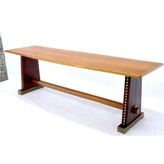 Narrow Long Boat Shape Walnut Dining Harvest Table Studs Leather Brass Decorated For Sale - Image 6 of 12