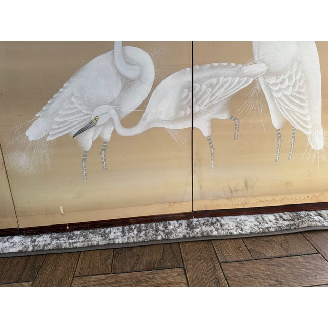 White Cranes and Moon Four-Panel Makura-Byōbu – 69”W x 36”H Four-panel folding screen featuring five white cranes standing...