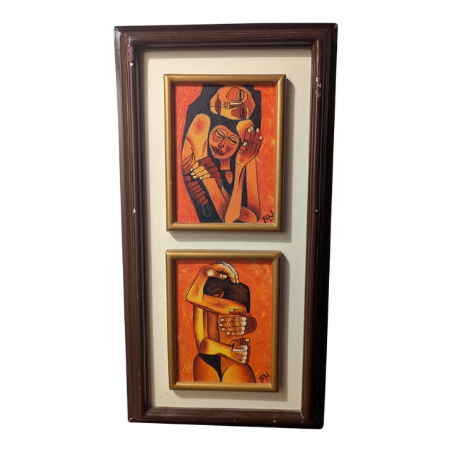 VTG Ecuador Signed J.Rafael Painting Couple Embracing Hand Crafted Guayasamin S For Sale