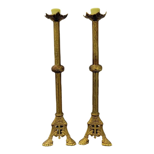 24'' Tall Antique Gold Gilt Brass Church Candlestick Holders - a Pair For Sale