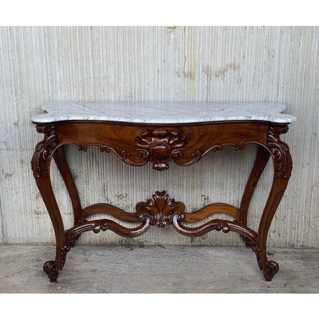 Early 20th Century Large French Regency Carved Walnut Console Table with White Marble Top '2 Avai' For Sale - Image 17 of 18