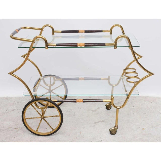 Mid-Century Modern 1950 Italian Brass and Glass Bar Cart Trolley Server For Sale - Image 3 of 10