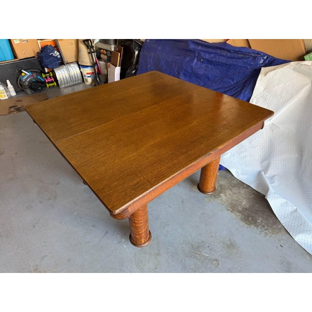 Brown Antique Victorian Style Tiger Oak Table, Square Dining Table With Leaves on Casters For Sale - Image 8 of 17