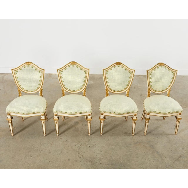 Baroque Set of Four Venetian Parcel Gilt Painted Shield Back Dining Chairs For Sale - Image 3 of 13