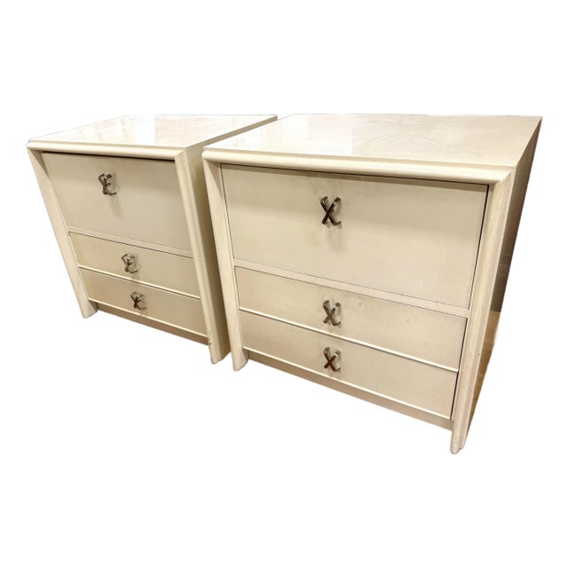 Paul Frankl for Johnson Furniture Pair of Matching Three Drawer Rare Flip Down Nightstands For Sale