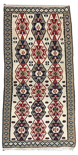 Vintage Turkish Red, Green, Beige, and Navy Wool Kilim Rug, 1950s