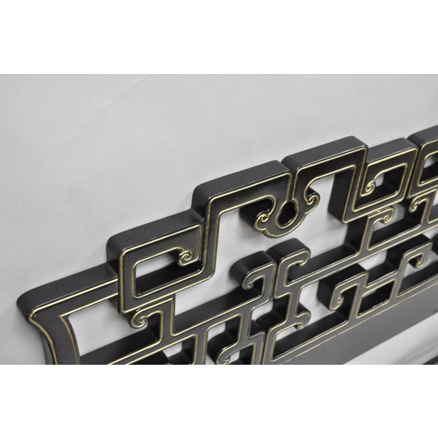 Wood Vintage Chinoiserie Black Gold Ebonized Chinese Fretwork Queen Sz Bed Headboard For Sale - Image 7 of 14