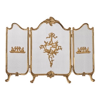 Vintage Louis XV Style Solid Brass Three Panel Fire Screen For Sale
