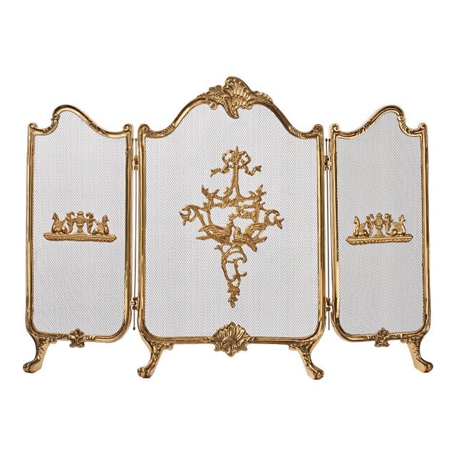 Vintage Louis XV Style Solid Brass Three Panel Fire Screen For Sale