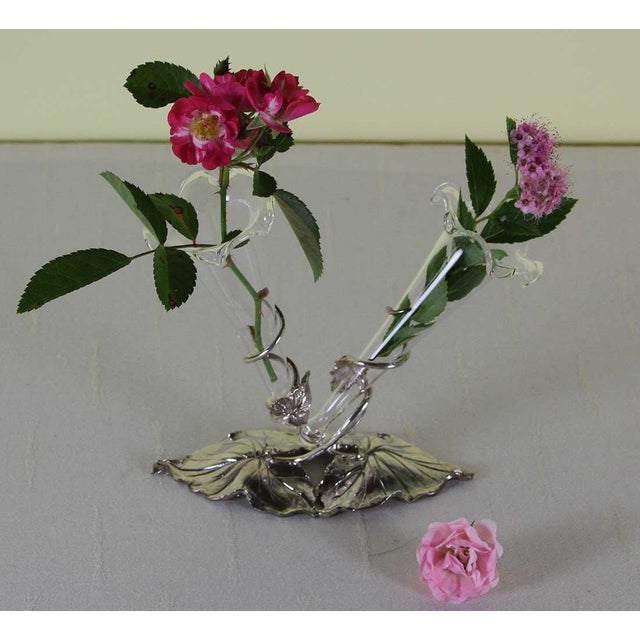 Traditional Sterling Silver Leaves Shape Double Flower Vases For Sale - Image 3 of 9