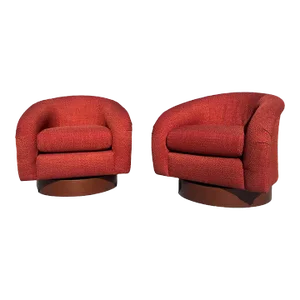 1960s Mid Century Modern Barrel Swivel Chairs Attributed to Milo Baughman Restored Walnut