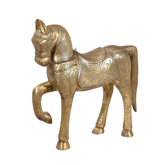 Folk Art Handcrafted Brass Horse Statue | 25 Inch Carved Wood Royal Animal Sculpture | Gold Art Deco Home Decor | Unique Housewarming Luxury Gift For Sale - Image 3 of 5