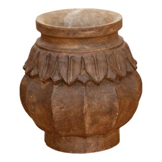 Deep Brown Carved Bulbous Marble Vase For Sale