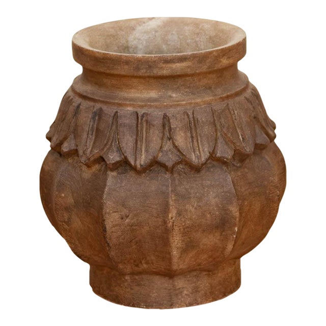 Deep Brown Carved Bulbous Marble Vase For Sale