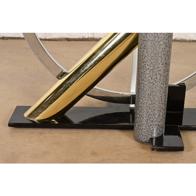 Metal Kaizo Oto for Design Institute of America Postmodern Sculptural Steel and Brass Glass Top Console Table, 1980s For Sale - Image 7 of 10