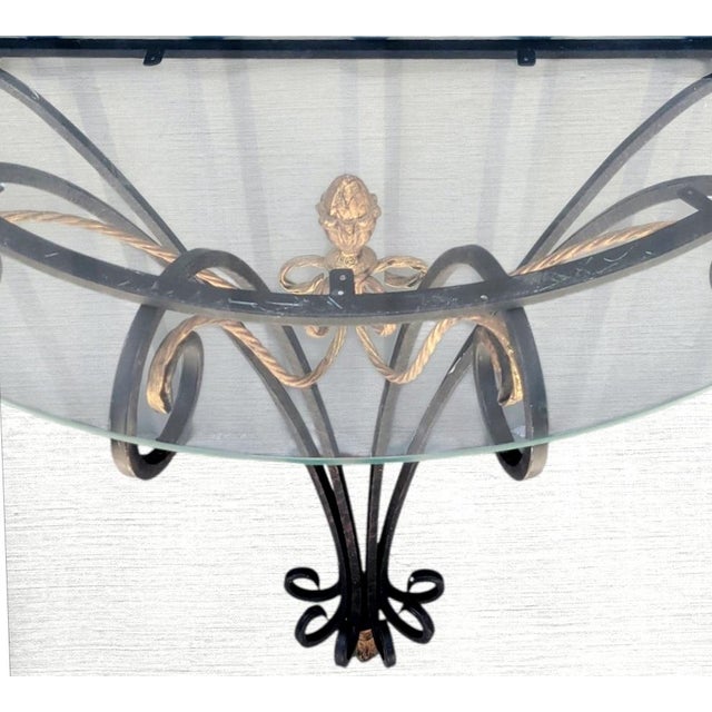 Dorothy Draper Vintage Hollywood Regency Demilune Black Gold Gilt Twisted Rope Iron Half Moon Wall Console Table For Sale - Image 4 of 11