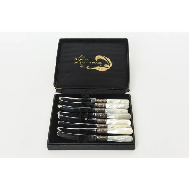 Vintage Genuine Mother of Pearl , Metal and Stainless Steel Appetizer or Cheese Knives Set of 8 For Sale - Image 4 of 12