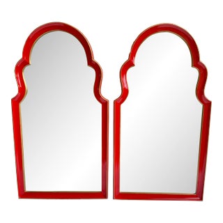 Chic Vintage Mid-Century Arched Top Wall Mirrors in Red With Gilt Accent Newly Painted - A Pair For Sale