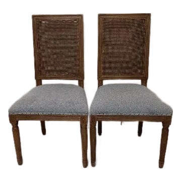 1970s Dining Chair Wood Light Green Uphlostered Seat Cane Back Medium Tone Set of 2 For Sale