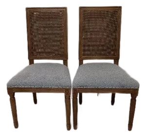 1970s Dining Chair Wood Light Green Uphlostered Seat Cane Back Medium Tone Set of 2