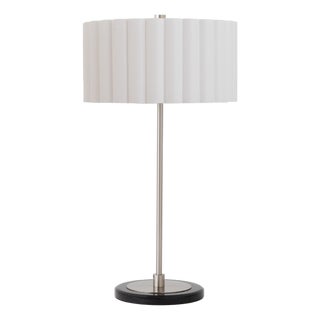 Slimline Table Lamp, Satin Nickel Steel Body, White Linen Drum Shade, Modern Design For Sale