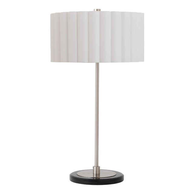 Slimline Table Lamp, Satin Nickel Steel Body, White Linen Drum Shade, Modern Design For Sale