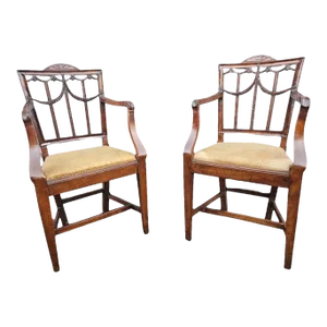 Pair 18th Century George III Style Mixed Wood Upholstered Shield Back Armchairs