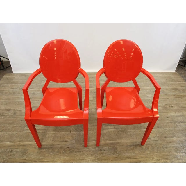 Late 20th Century Set of Four Philippe Starck Style Red Molded Plastic Armchairs For Sale - Image 4 of 10
