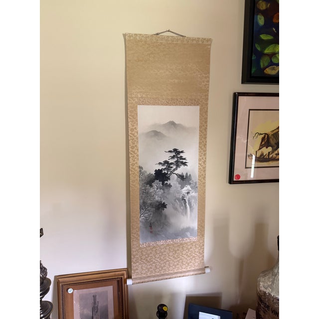 A serene and beautifully executed pair of vintage Japanese hanging scroll paintings (kakejiku), each depicting a tranquil...