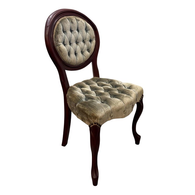 1960s Vintage Victorian Style Mahogany Frame Velvet Tufted Accent Chairs - Pair For Sale - Image 5 of 11