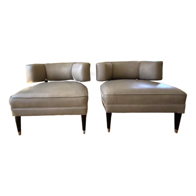 Arteriors Laurent Mid Century Morel Grey Leather Black Wood Occasional Chairs For Sale