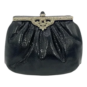 Judith Leiber Black Lizard Silver Antique Crystal Top Clutch