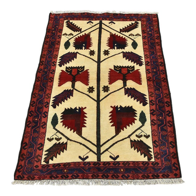 Zanjan Rug 3'6'' X 5'1'' Ivory Wool Vintage Tribal Hand-Knotted Oriental Carpet For Sale