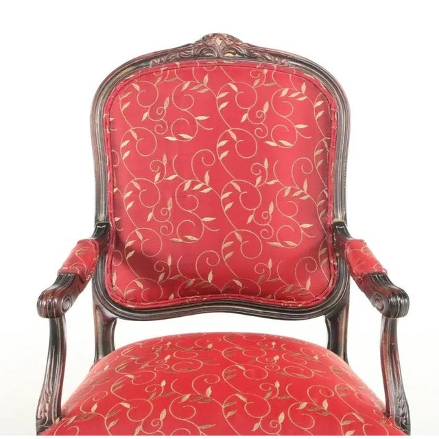 Louis XV Style Parcel-Gilt and Custom-Upholstered Fauteuil Red Satin whimsical foliate print Dimensions: 25.0" W x 41.5" H...